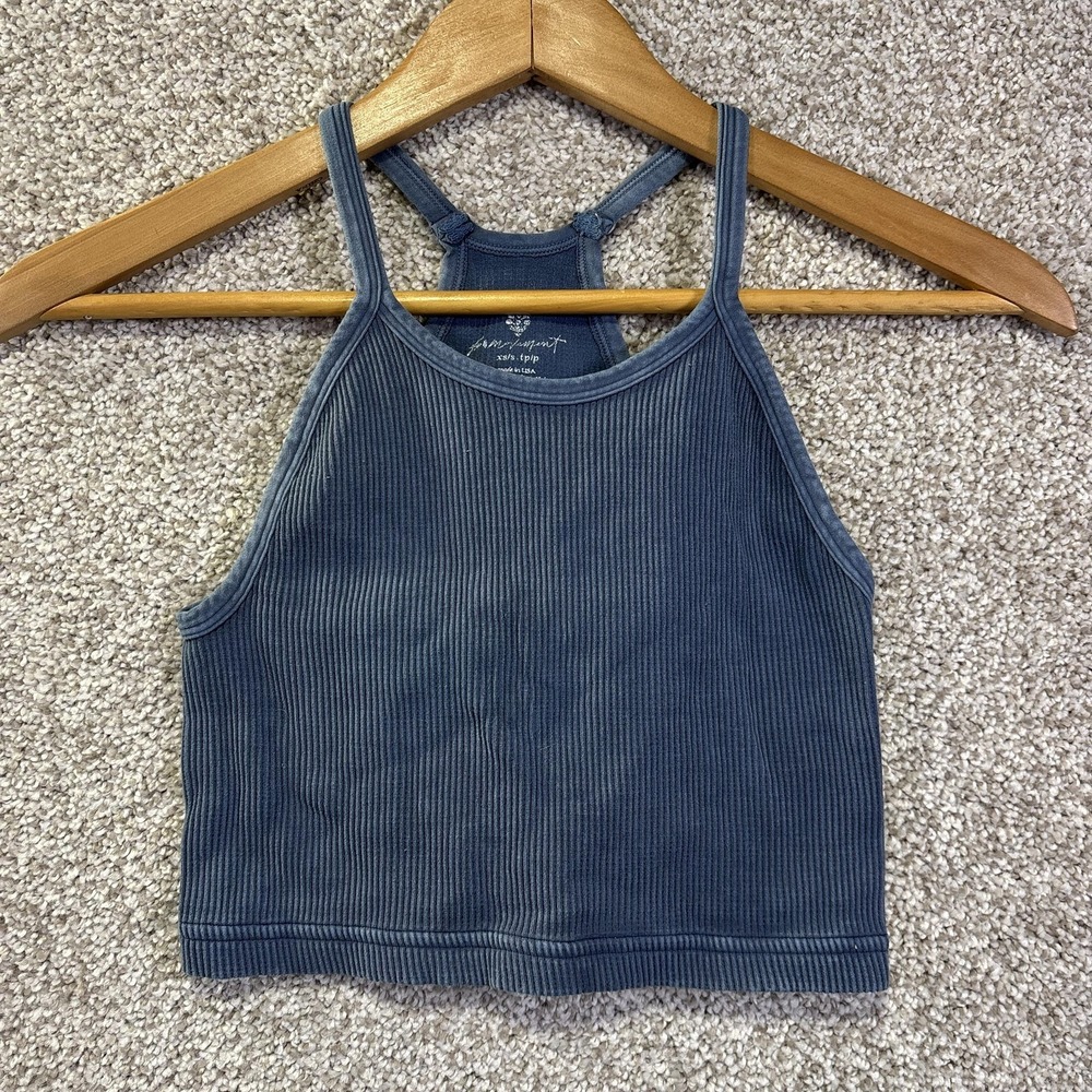 Fpmovement Free People Tank Top Womens XS/S Blue Ribbed Halter Cropped Stretch